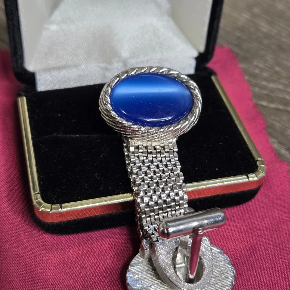 Silver Tone Blue Chatoyant Glass Cufflinks Wrap Around Mesh Toggle Back